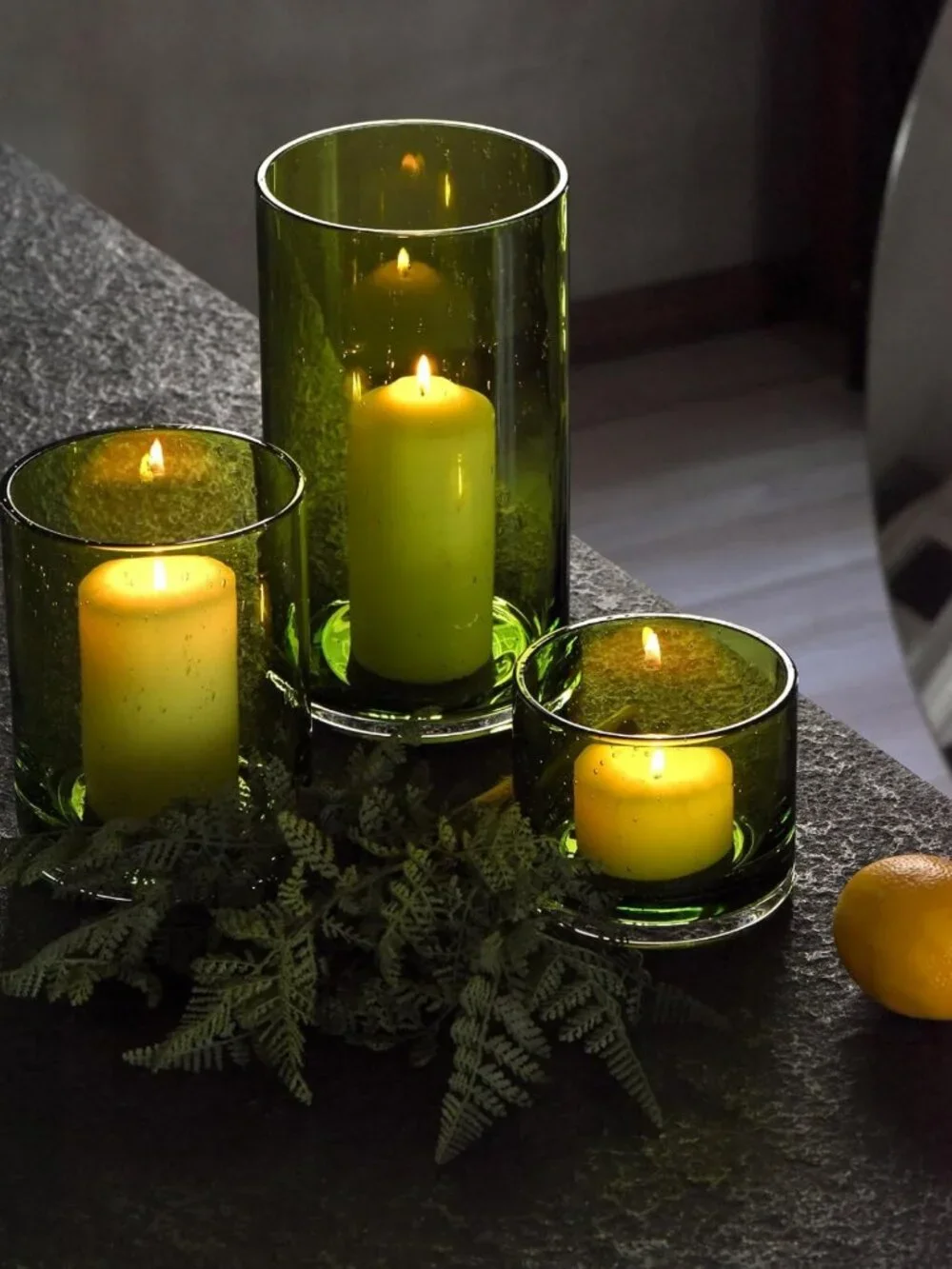 Set of 3 Spring Green Hurricane Candle Holders - Elegant Home Decor Accent